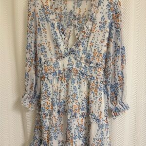 Floral Ruffle Long Sleeve Dress - Blue & Orange